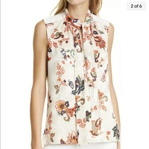 NWT Tory Burch Paisley Print Burnout Tie Neck Top, Size 14 MSRP $348